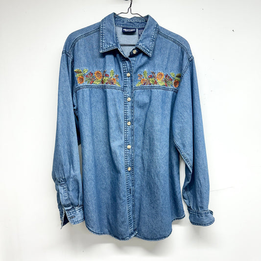 Vintage 90s Solutions Denim Floral Embroidered Long Sleeve Button Up Top Size Medium
