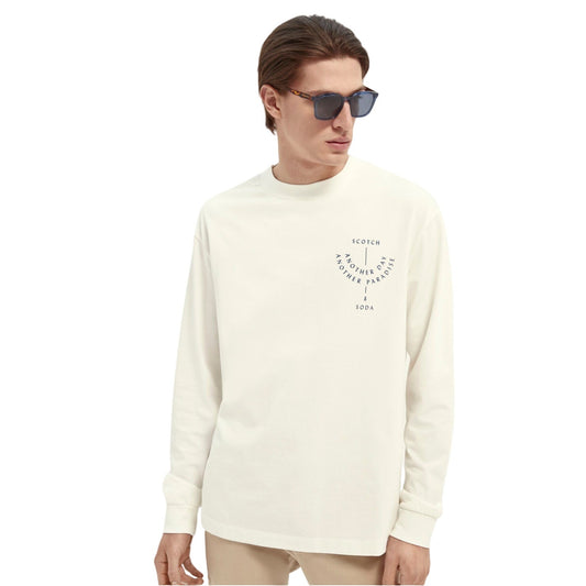 SCOTCH & SODA Mens Cream Long Sleeve Organic Cotton Artwork T Shirt Size Large