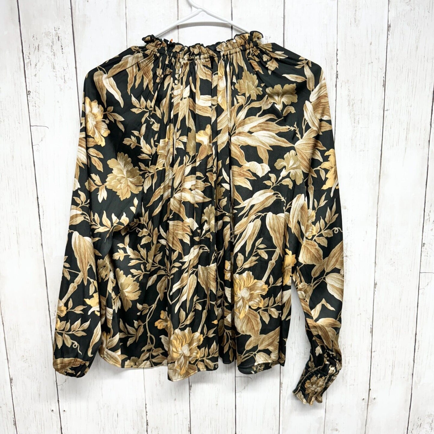 H&M Blouse Women Size 2 Gold Floral Wide Frill-Collared Mock Neck Long Sleeve