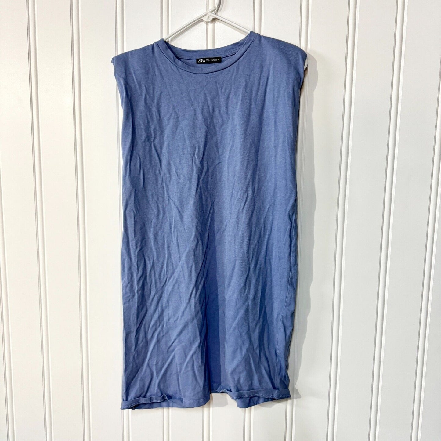 Zara Padded Shoulder Crewneck Cotton Blue Tunic Dress Size Medium