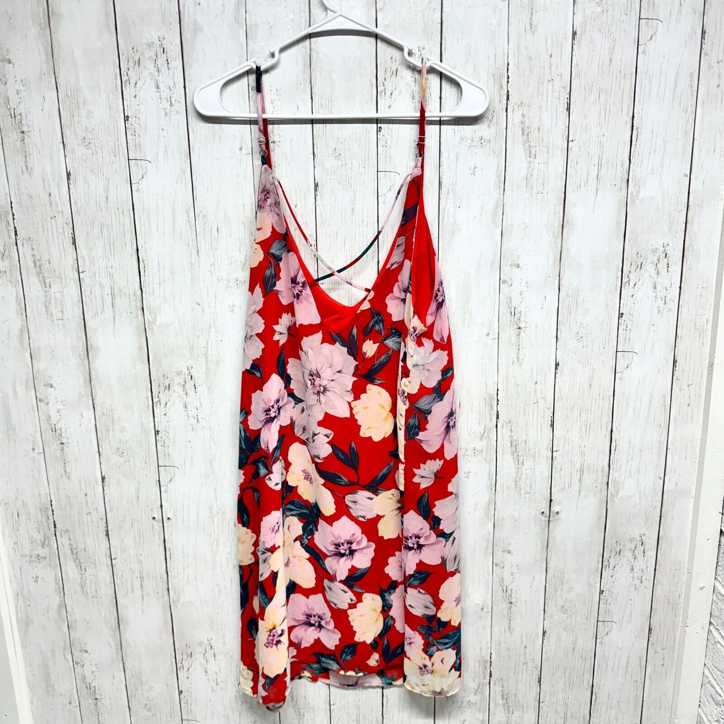 LULU'S Dress Women XL Red Spaghetti Strap Floral Sundress Criss-Cross Back
