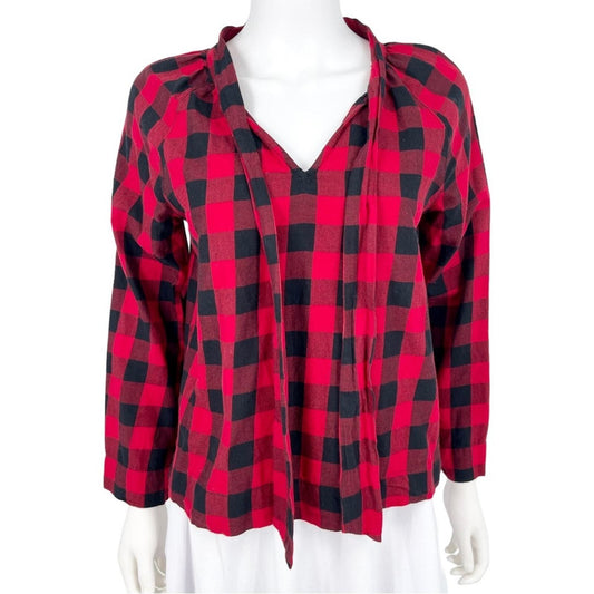 MADEWELL Top Women Size XS Buffalo Plaid Flannel Checkered Tie Front Deep V Neck