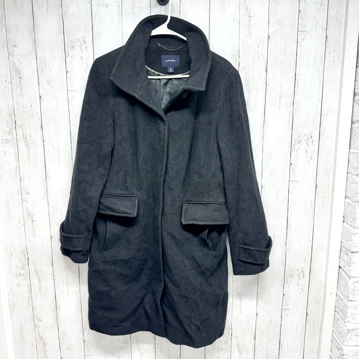 Lands' End Coat Women Size 10 Gray Wool Collared Peacoat Front Flap Over Pockets