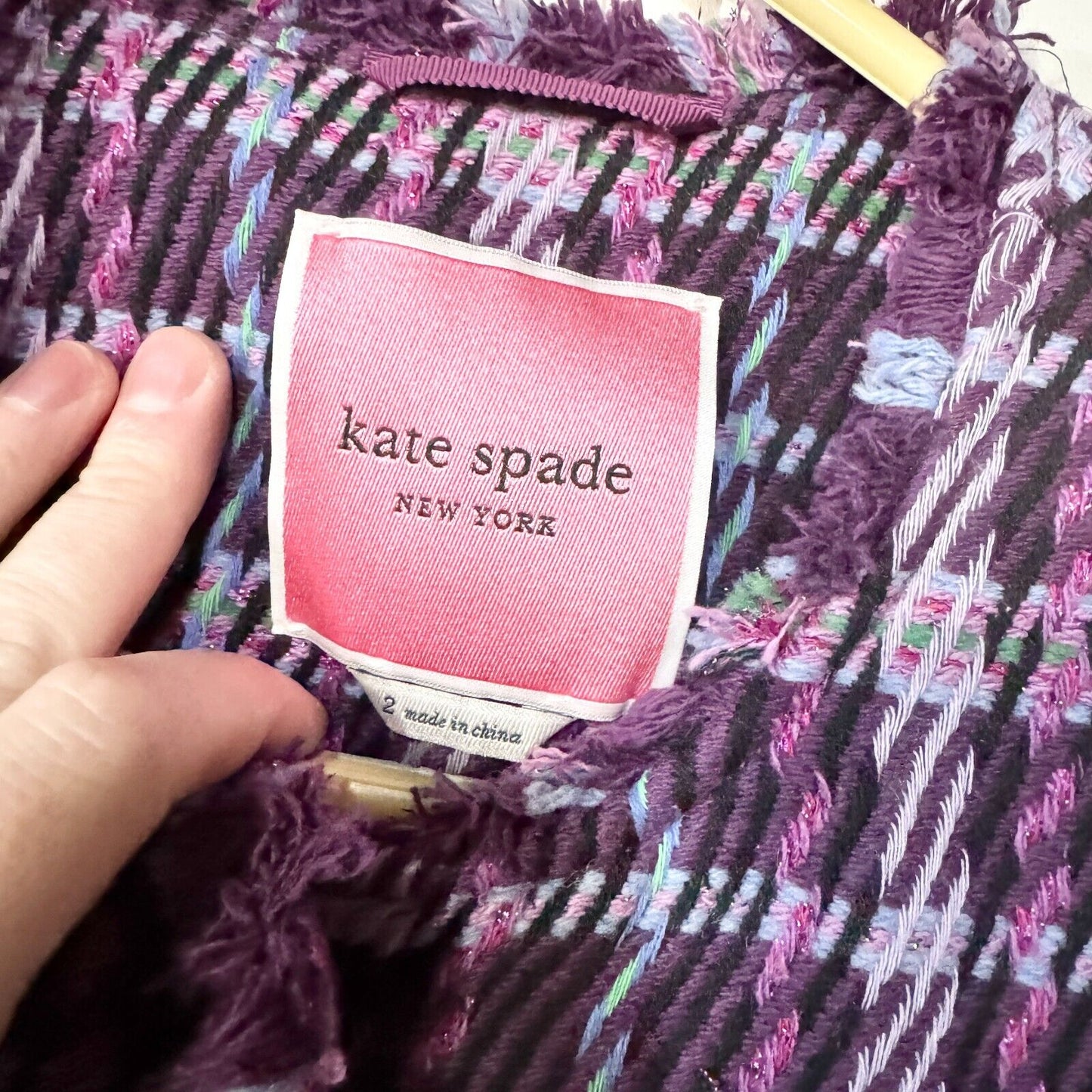 KATE SPADE Coat Women Size 2 Plaid Button Down Tweed Overcoat Plum Long Sleeve