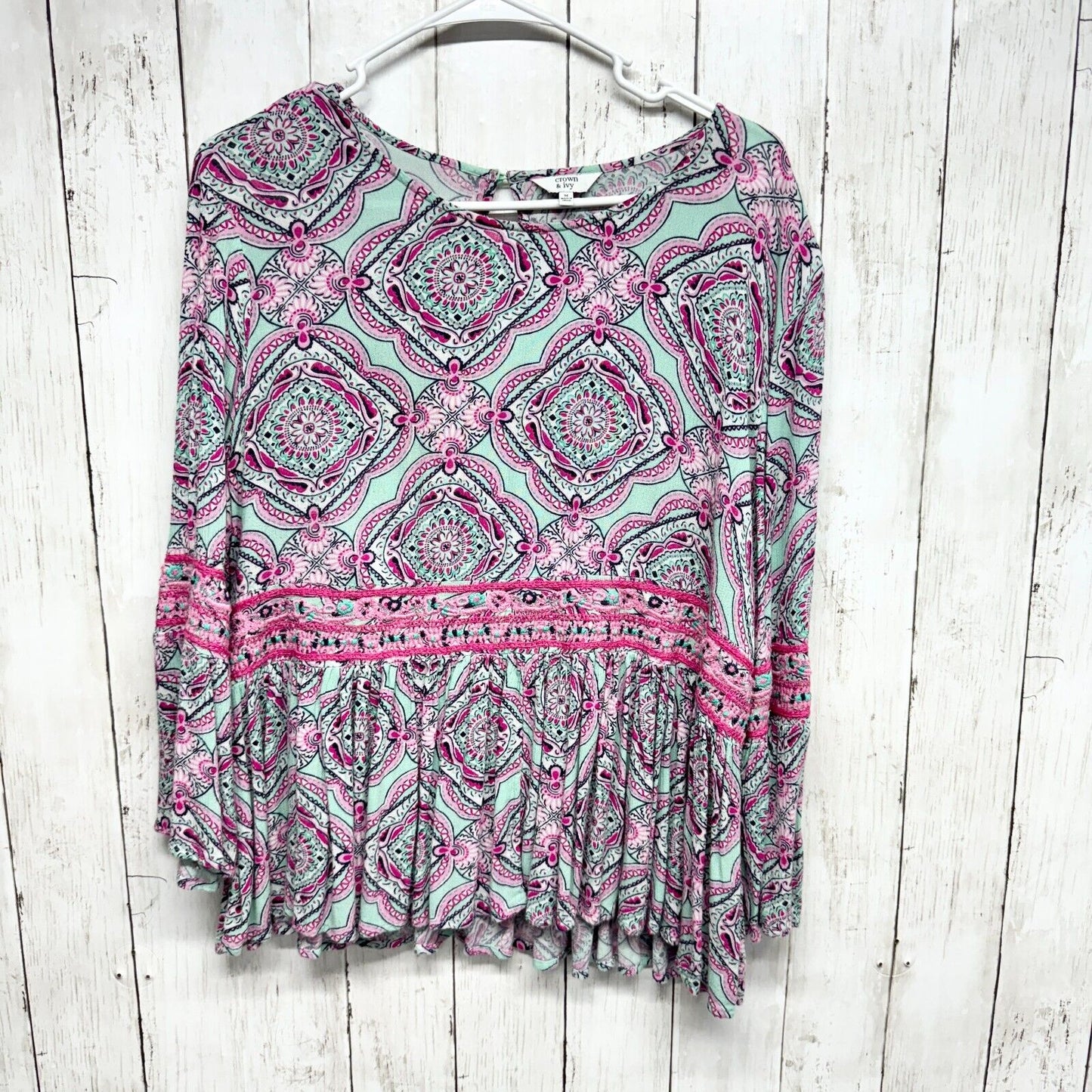 CROWN & IVY Blouse Women Size M Long Sleeve Round Neck Multi Colored Button Back