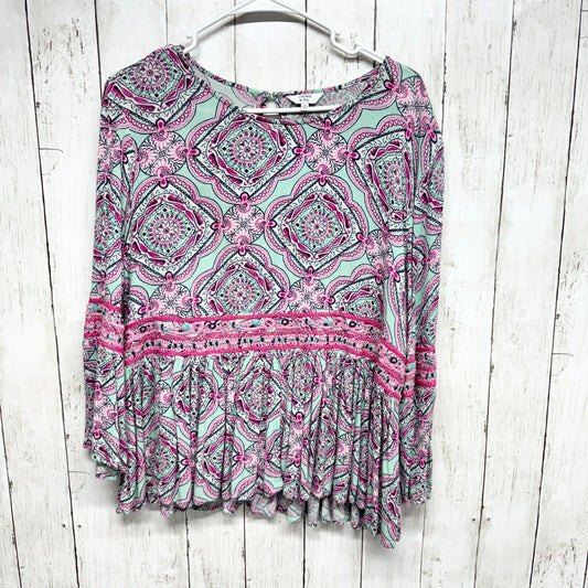 CROWN & IVY Blouse Women Size M Long Sleeve Round Neck Multi Colored Button Back