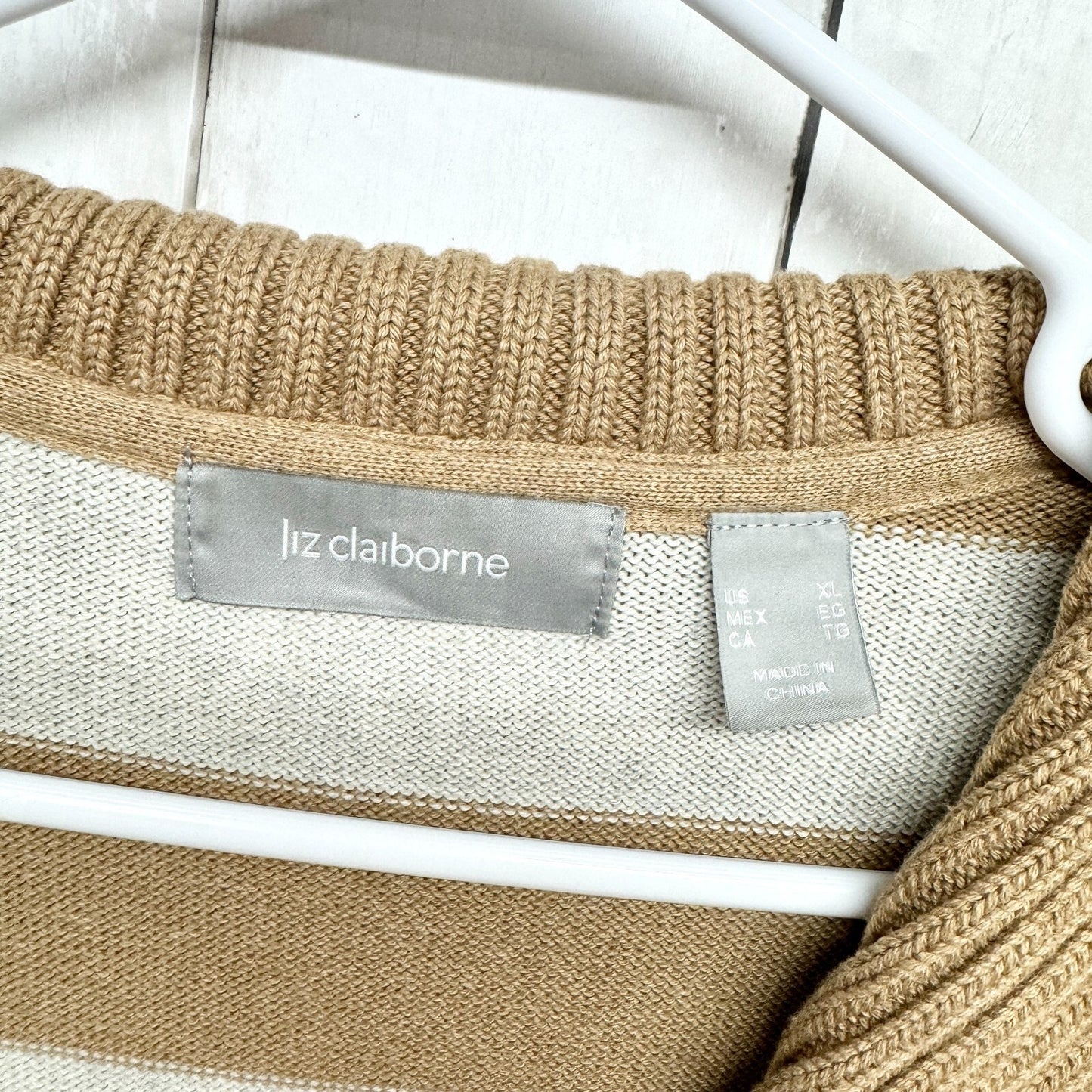 LIZ CLABORNE Sweater Women Size XL Block Strip Golden & Grey Folded Collared