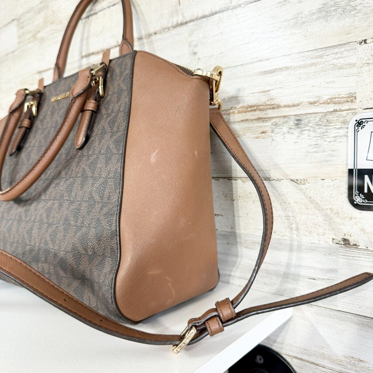 MICHAEL KORS Women Crossbody/ Handbag Logo Printed Brown Leather Handled