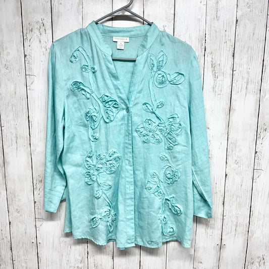 Charter Club Shirt Women Size 10 Turquoise Linen Long Sleeve Button Down Blouse