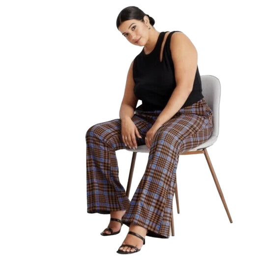 FUTURE COLLECTIVE Women Houndstooth Brown Plaid High Rise Flare Pants Size 0