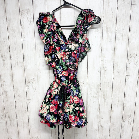 Vintage Dress Women Chest 22" Small Black Floral Ruffle Trim Sleeveless Cocktail
