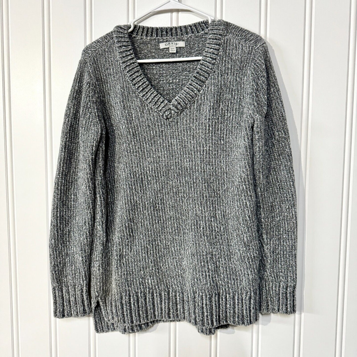 Orvis Sweater Chunky Knit Grey Long Sleeve V Neck Pullover Size Small