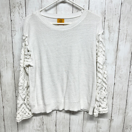 RUBY RD Sweater Women Size L Laced Sleeve Crewneck White Ridged Textured Cotton