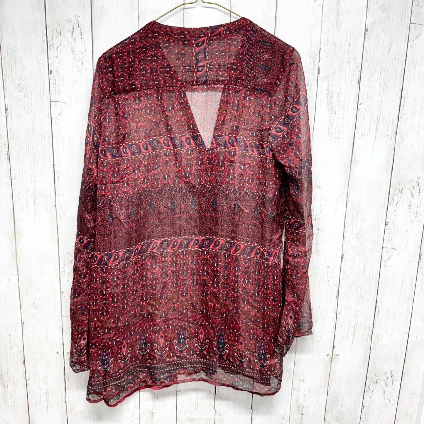 CONVERSE Top Women Size Medium Red Geometric Sheer Long Sleeve Button Close