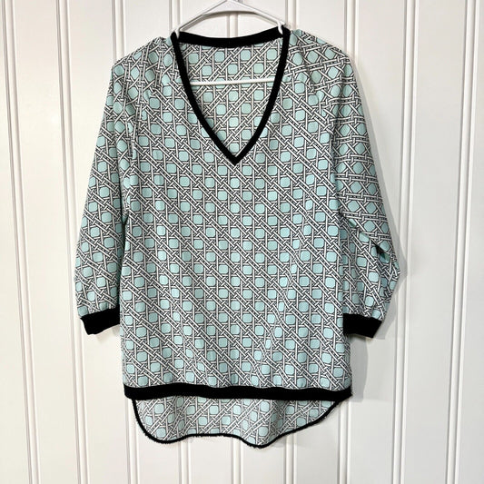 Tibi Blue Geometric High Low V Neck Polyester Black Hemmed Blouse Size XS