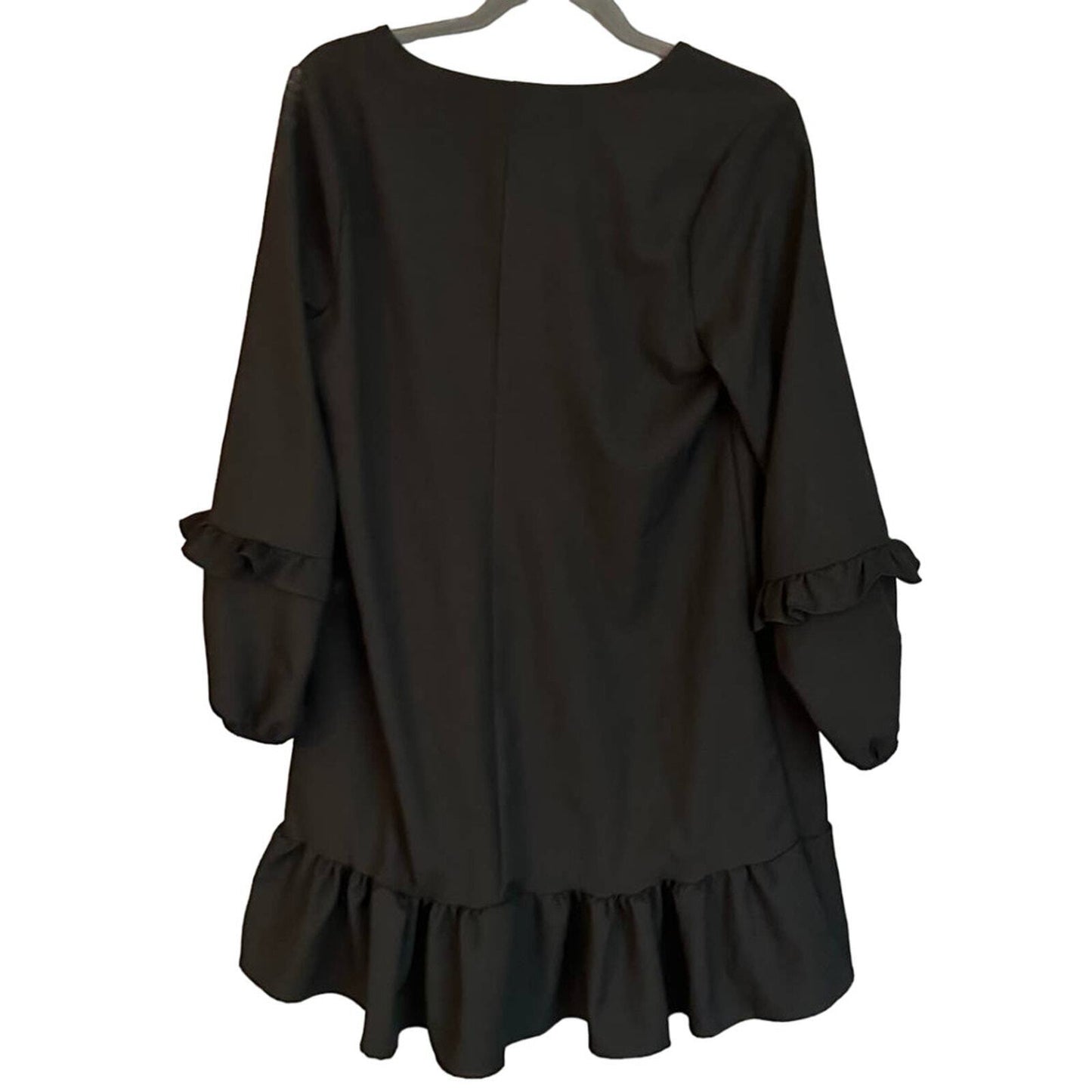 AQUA Dress Women Size Small Mini Black V Neck Ruffle Trim Long Sleeve Shift