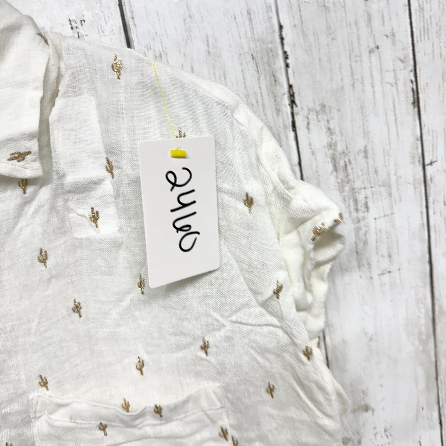 Rails Top Women Size XS White Linen Gold Cactus Short Sleeve Button Down Blouse