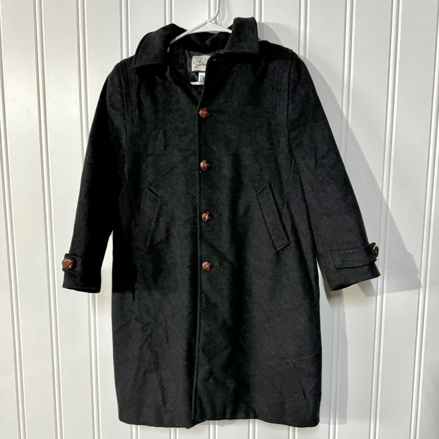 John Free Pea Coat Wooden Button Down Hooded Wool Blend Black Size 38/M
