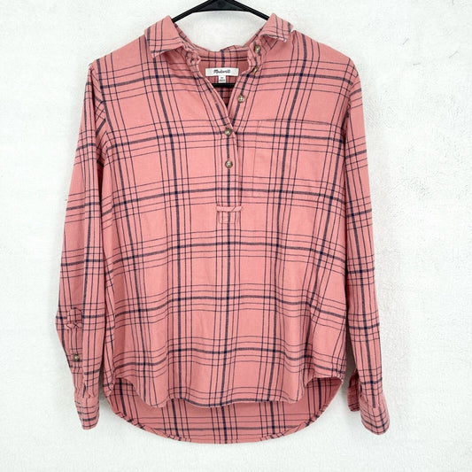 MADEWELL Top Women Size XS Flannel Button Up Pink Long Sleeve Popover Plaid