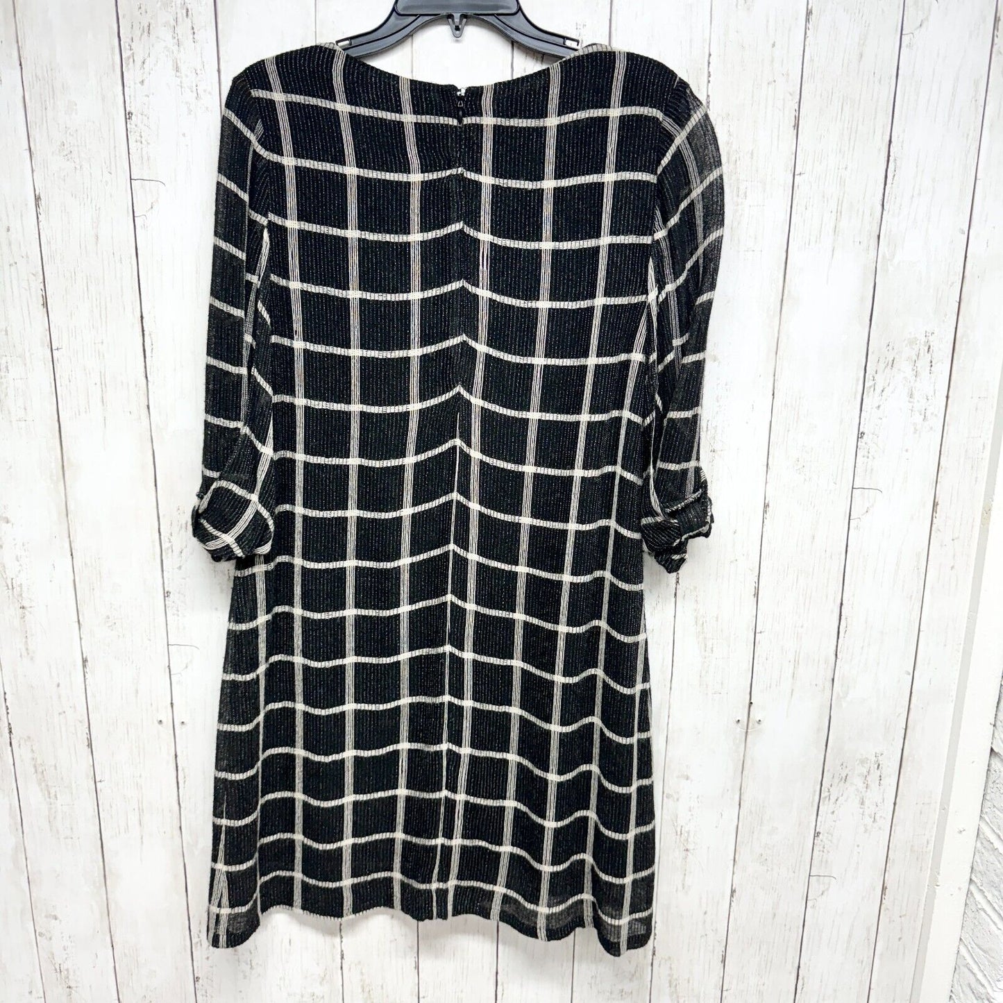 Amadi Dress Women PM Black White Checkered Plaid Boat Neck Bow Sleeve Tunic Tent