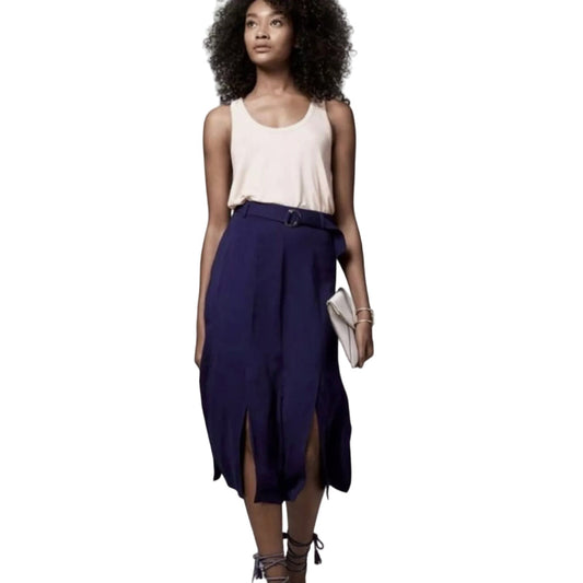 TROUVE Women Belted High Waisted Flared Multi Hemmed Midi Skirt Navy Blue XS