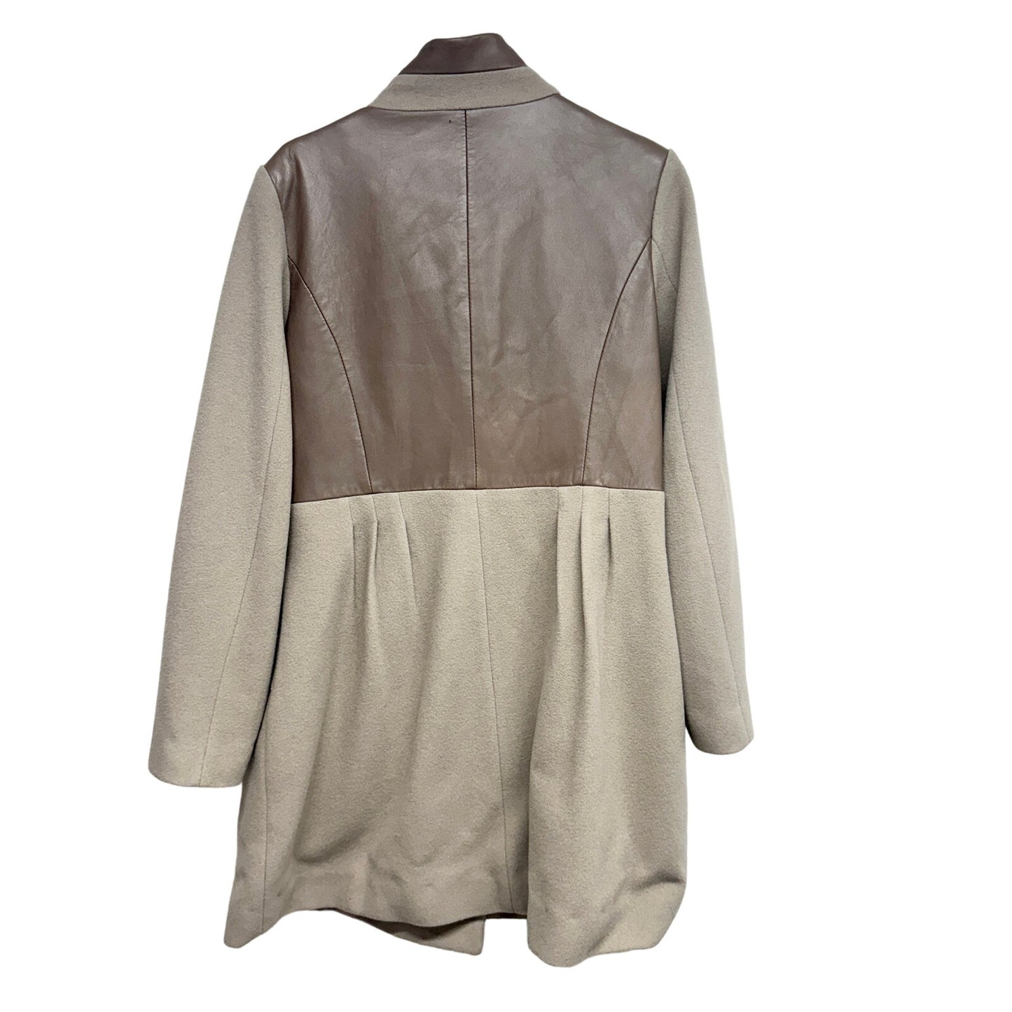 Badgley Mischka Designer Beige Wool Pea Coat Leather Trim Luxury Jacket Large