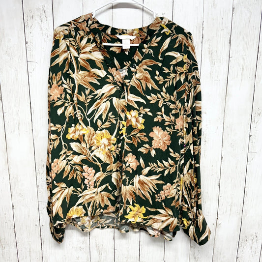 H&M Shirt Women Size 12 Button Down Green Floral Hunter Green Polyester casual