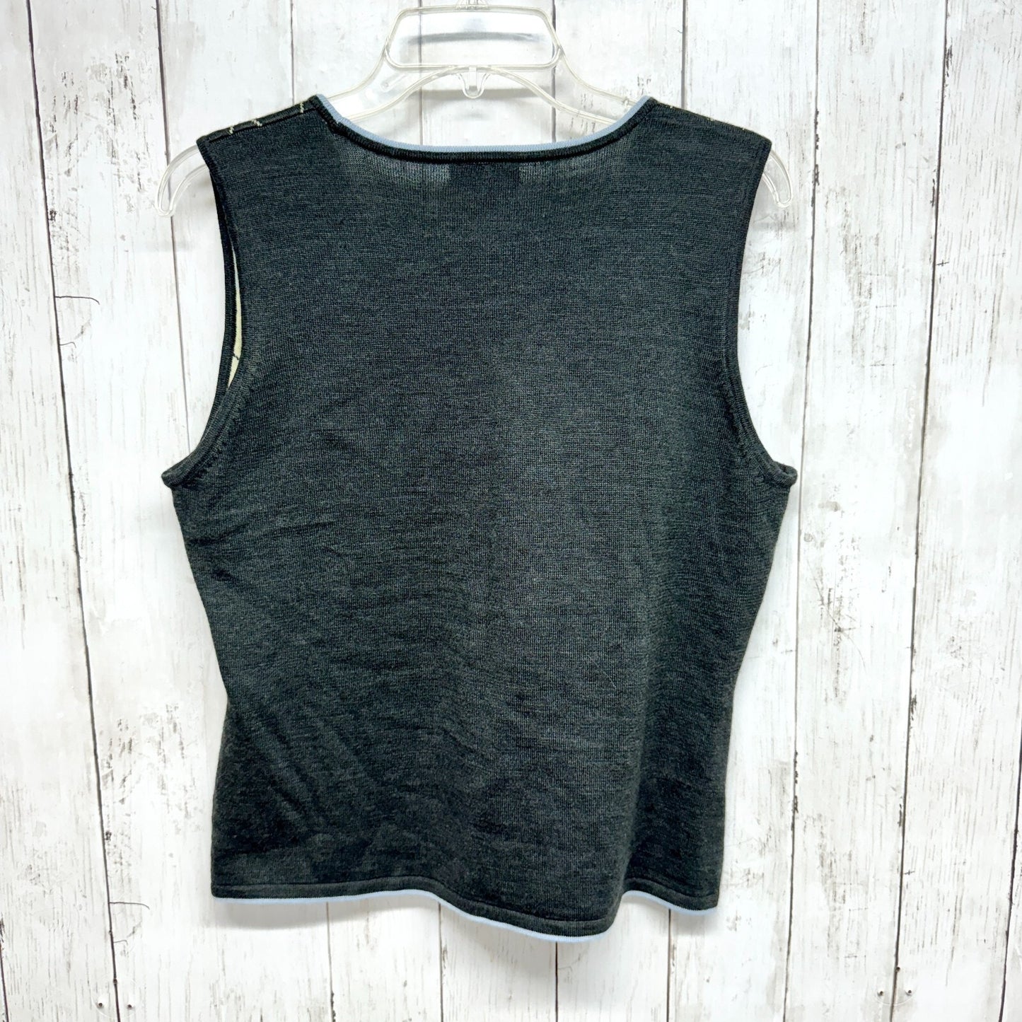 TAHARI Vest Women Size 12P Charcoal Gray Button Down Wool Blend Sleeveless Plaid