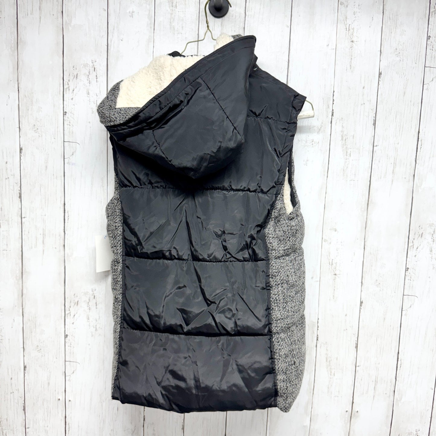 Ci Sono Vest Women Size Medium Black Gray Puffer Hooded Faux Fur Full Zip Pocket