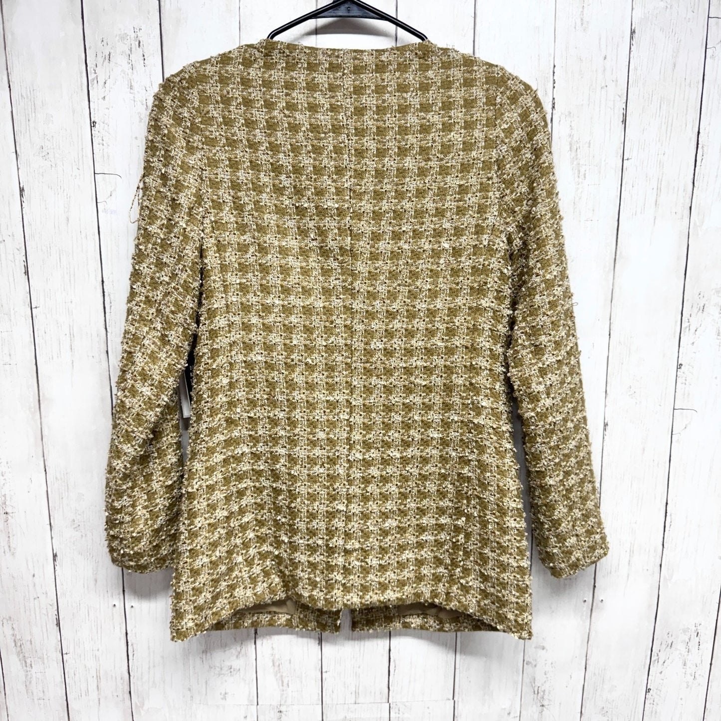 Express Women’s Jacket Sz XS Open Beige Gold Buttons Houndstooth Tweed Blazer