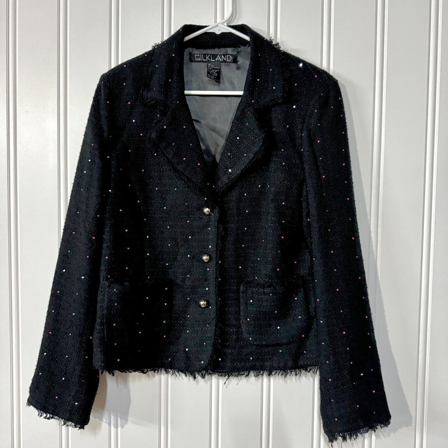 Vtg Silkland Blazer Knit Lined Speckled 70% Silk Navy Blue Button Size XL