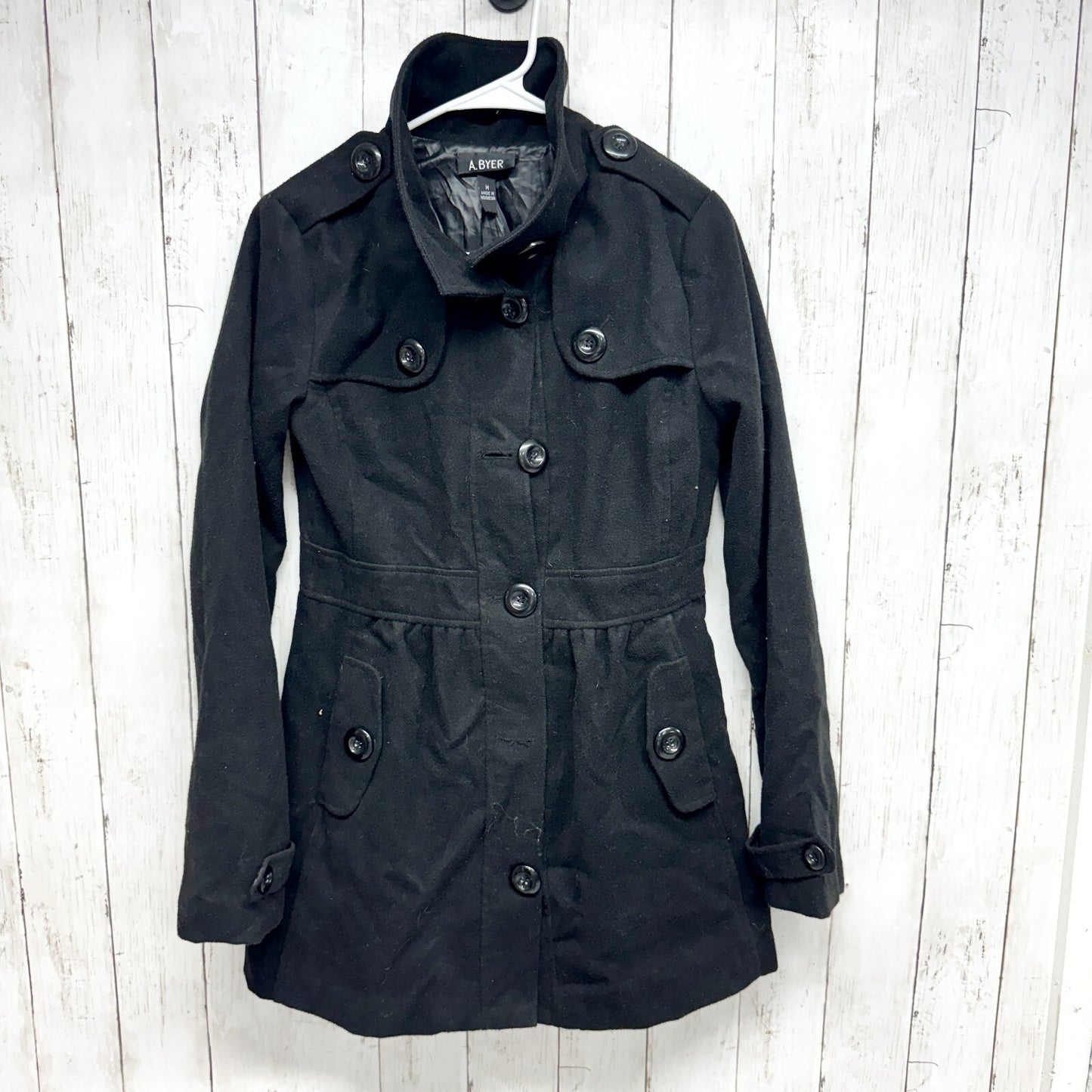 A. Byer Coat Women Medium Black Collared Peacoat Front Flap Over Button Pockets