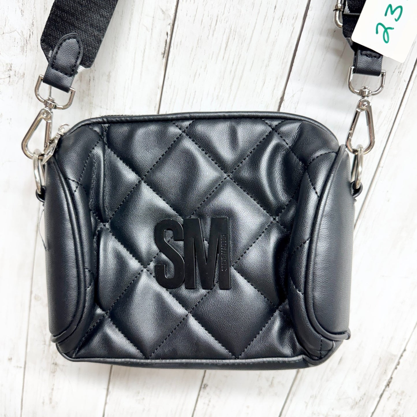 Steve Madden Cyndy Quilted Crossbody Bag Black Adjustable Strap Logo Casual
