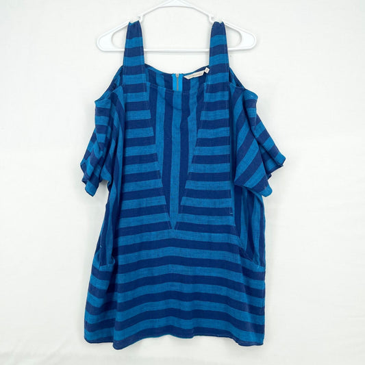Soft Surroundings Cold Shoulder Blue Stripe Tunic Ocean Blouse Size Medium