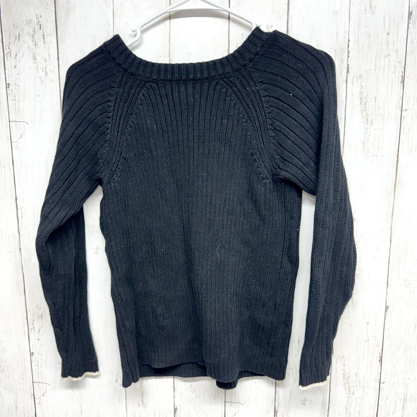 Sean John Top Women Size S(8) V-neck Cable Knit Sweater Cotton Black Embroidered