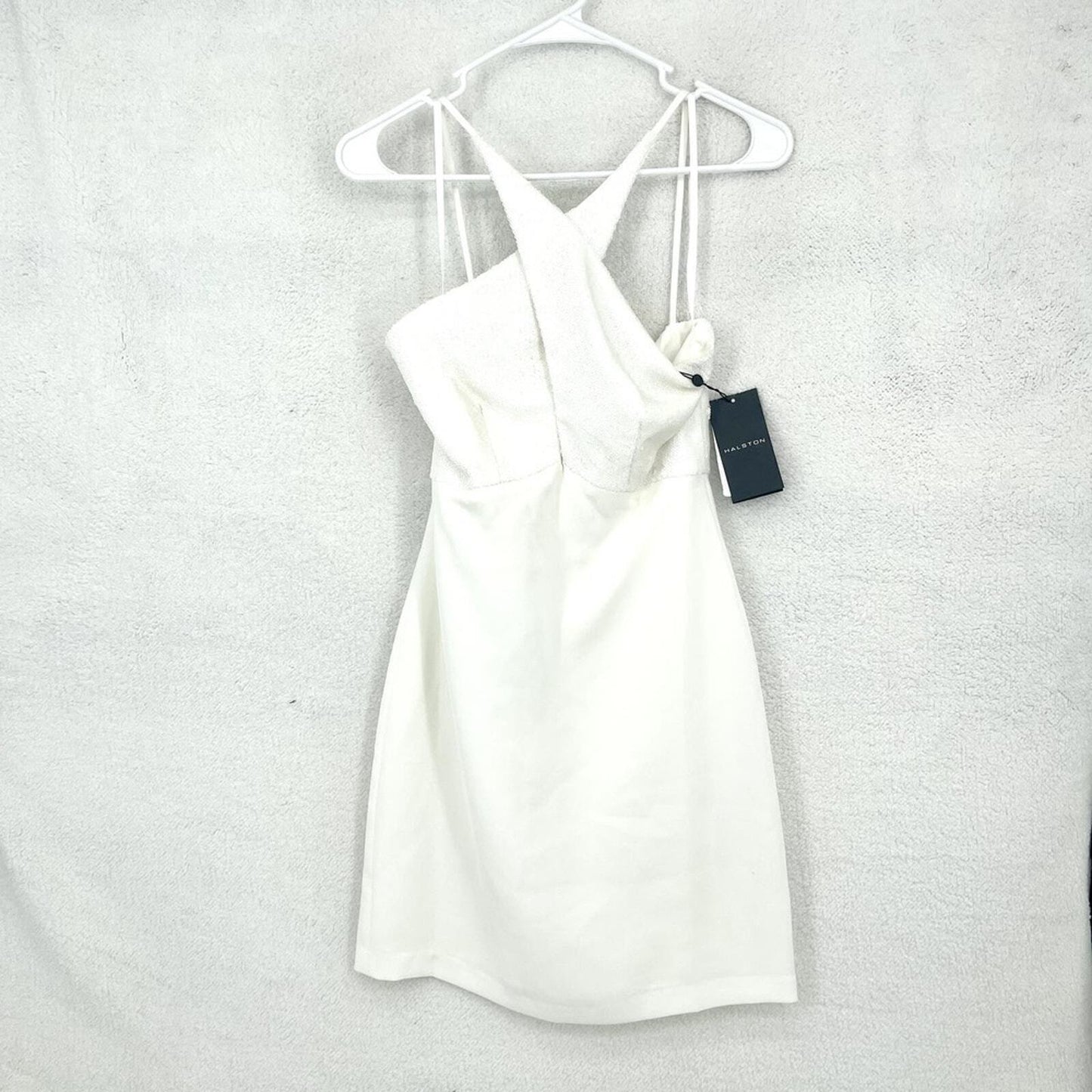 HALSTON Dress Women Size 2 Mini White Halter Neck Cross Front Diletta Sequin NEW