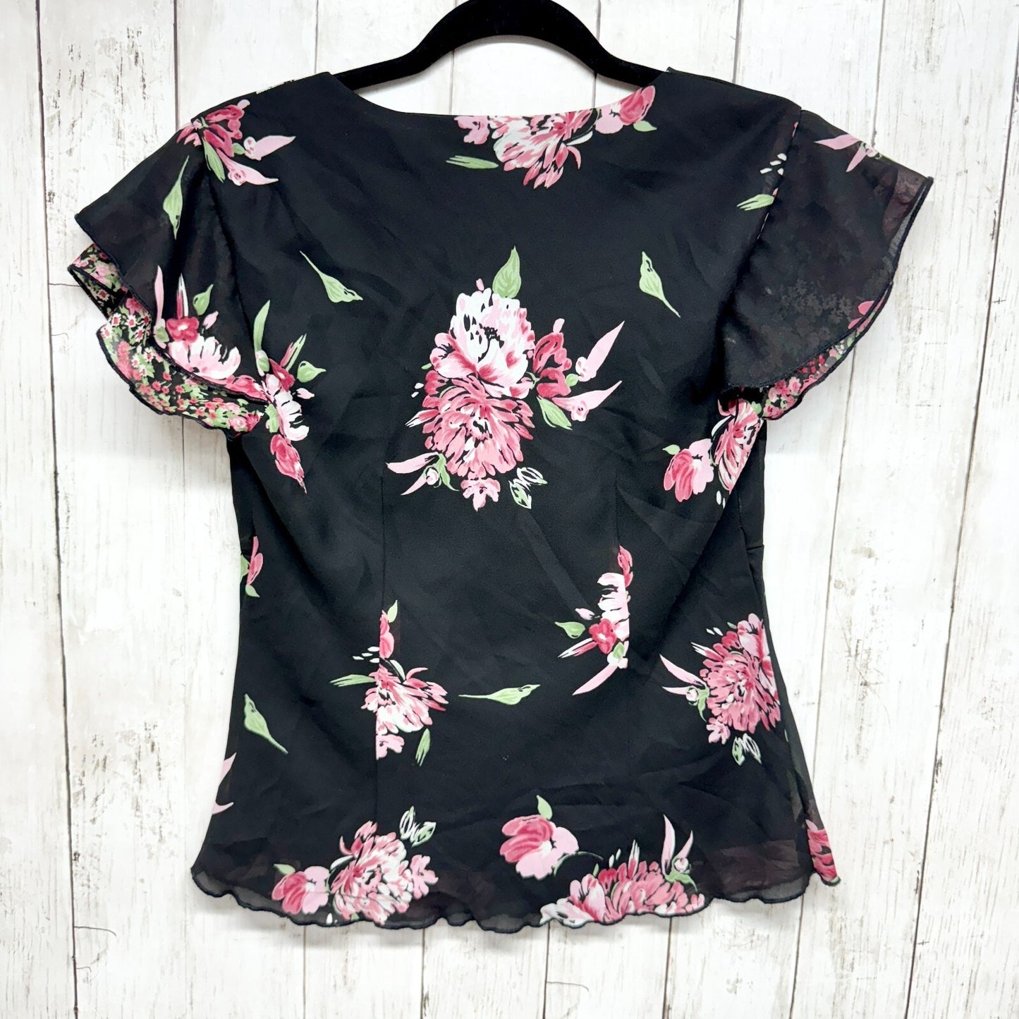 AGB Byer Collection Top Women Size Small Deep V Neck Floral Short Sleeve Blouse