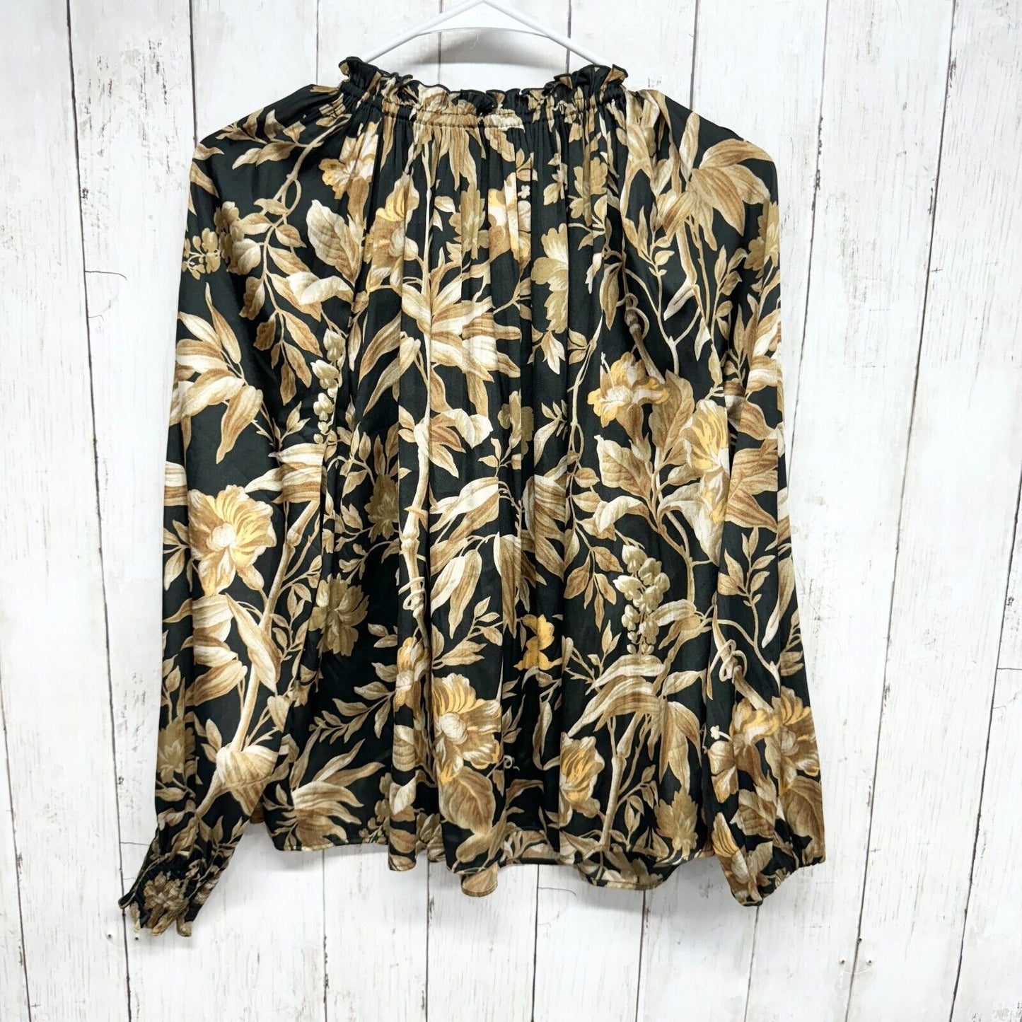 H&M Blouse Women Size 2 Gold Floral Wide Frill-Collared Mock Neck Long Sleeve