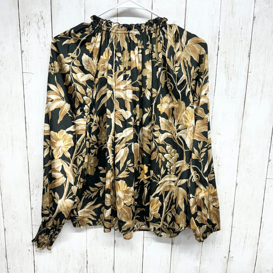 H&M Blouse Women Size 2 Gold Floral Wide Frill-Collared Mock Neck Long Sleeve