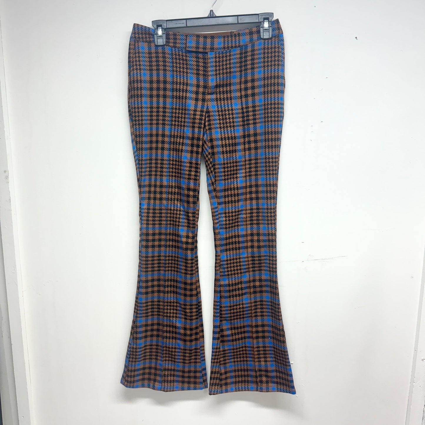 FUTURE COLLECTIVE Women Houndstooth Brown Plaid High Rise Flare Pants Size 0