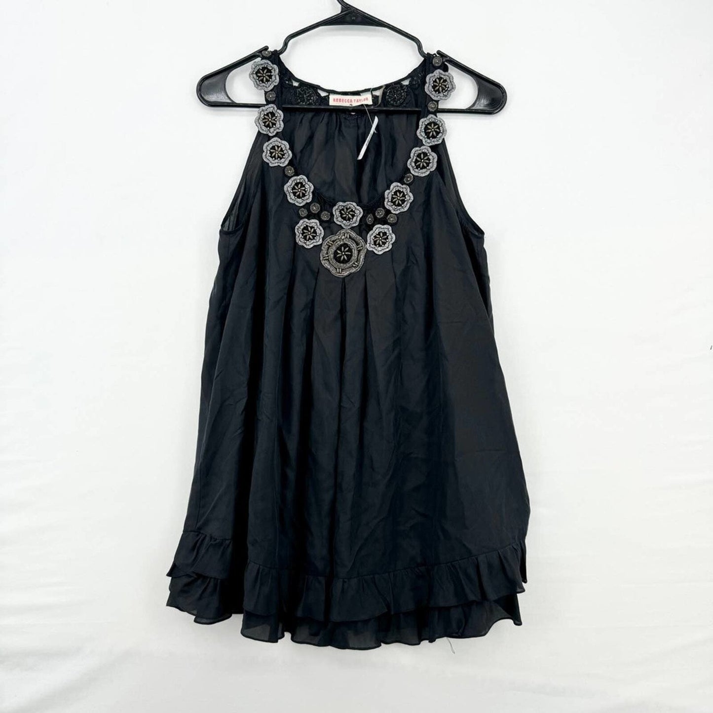Rebecca Taylor 100% Silk Sleeveless Boho Black V Neck Blouse Size 6