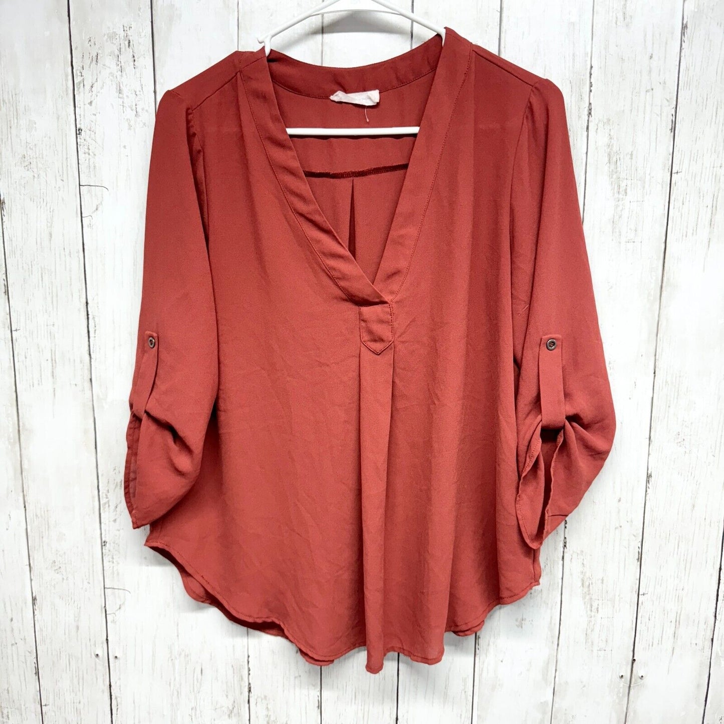 LUSH Blouse Women Small Split Neck Long Sleeve Burgundy Curved Hem Button Cuff