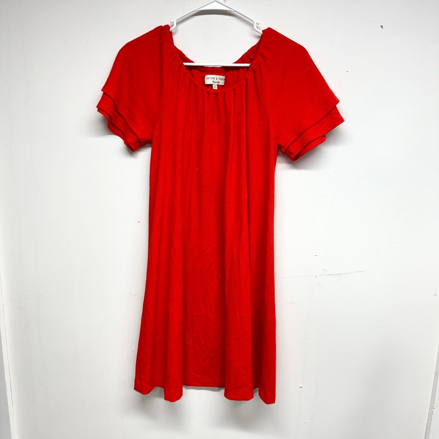 TEXTURE & THREAD MADEWELL Womens Swing Dress Size Small Red Crepe Tiered Sleeve