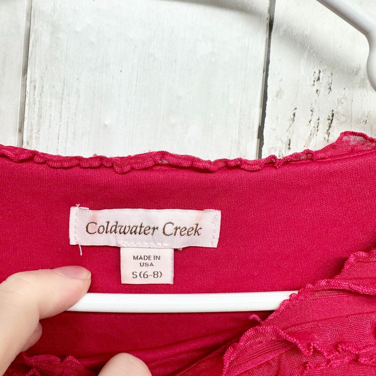 COLDWATER CREEK Blouse Women Size S Red Ruffled Pleated 3/4 Sleeve Wide Neck
