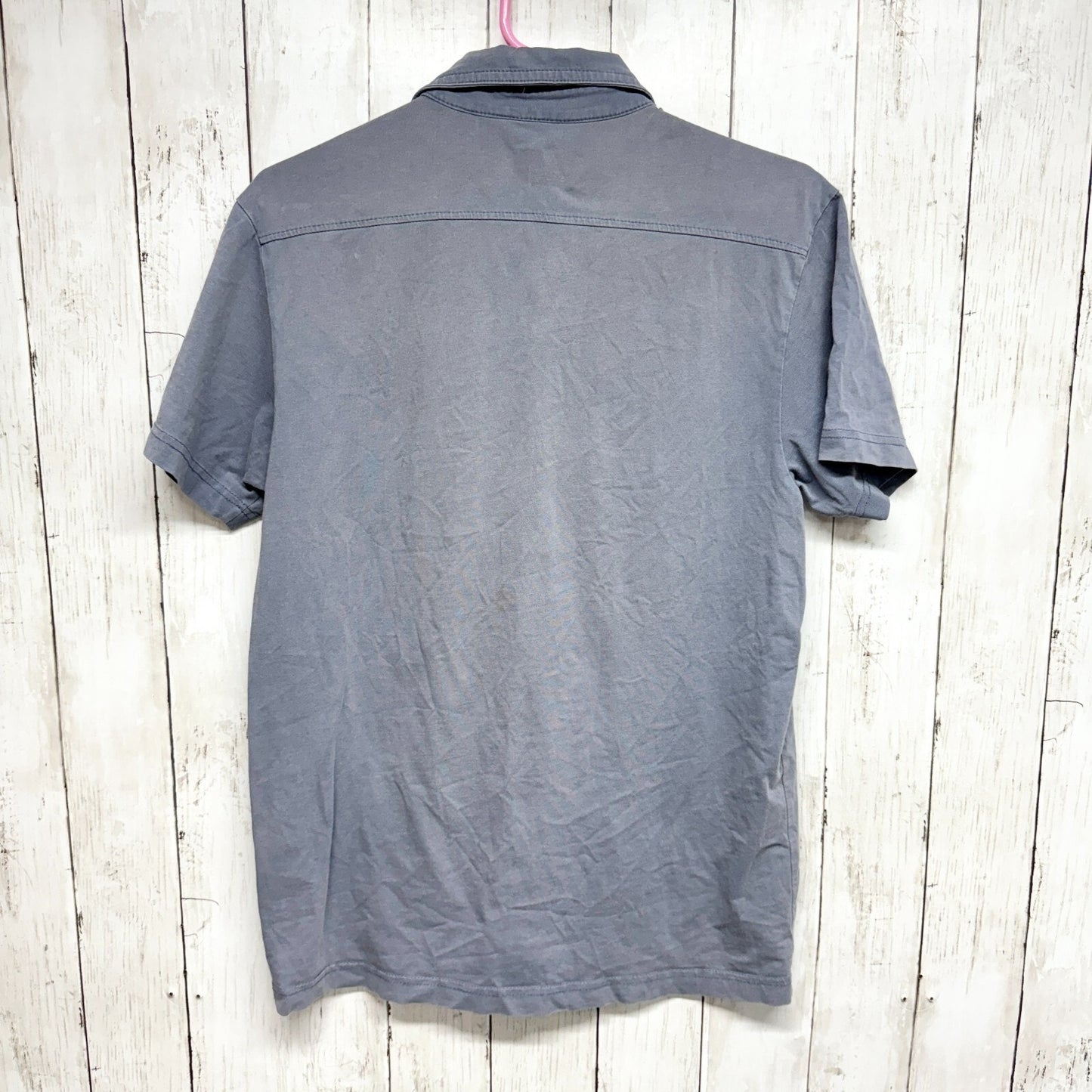 Zara Basic Button Down Men Size L Short Sleeve Blue Grey Collared Casual Cotton