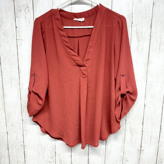 LUSH Blouse Women Small Split Neck Long Sleeve Burgundy Curved Hem Button Cuff