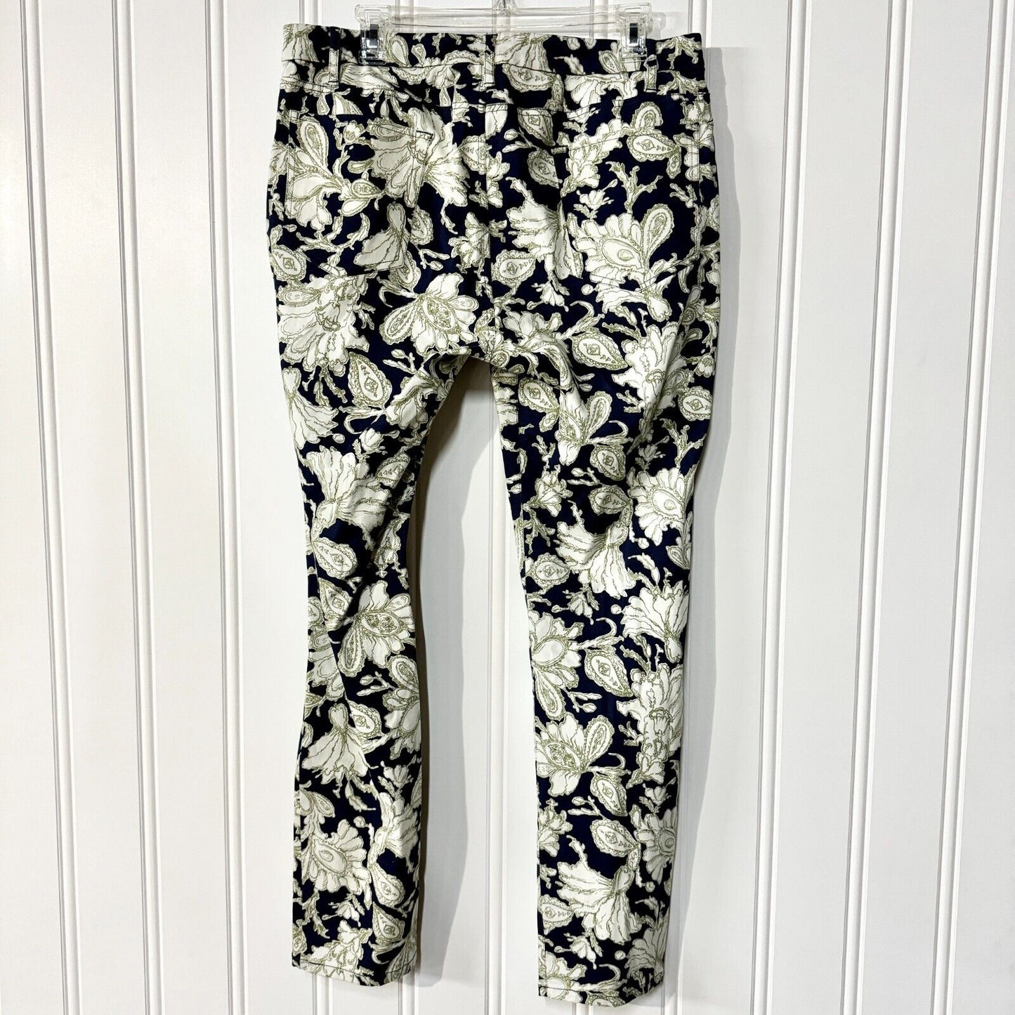 ORVIS Pants Women Size 14 Low Rise Skinny Floral Navy Blue Button Front Zip Up