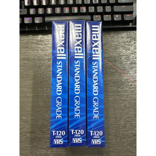 Sealed 3 Pack Maxell VHS T-120 6 Hour Standard Grade VCR Blank Video Tapes