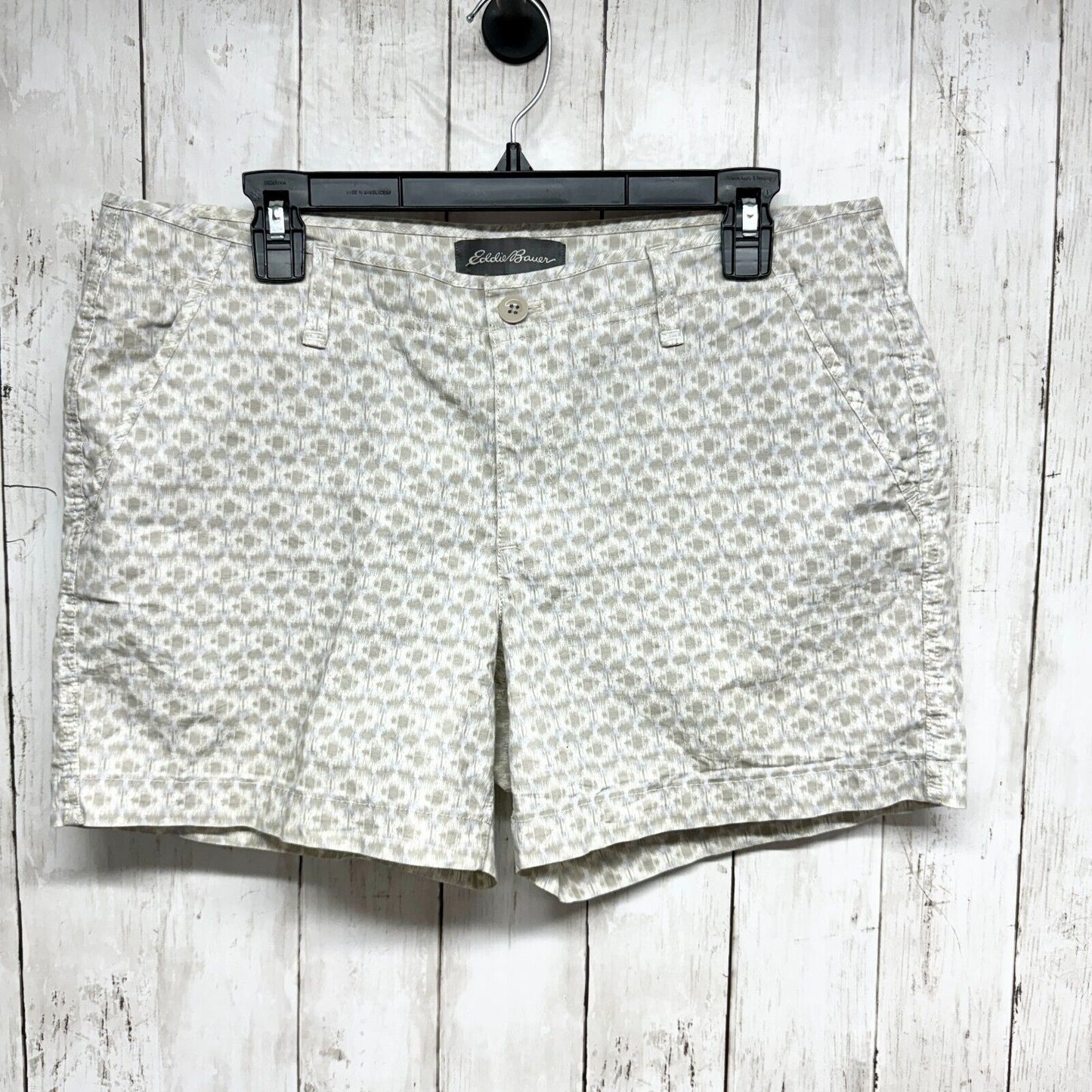EDDIE BAUER Shorts Women Size 12 Chino Mid-Rise 4.5" Inseam Brown Blue Print
