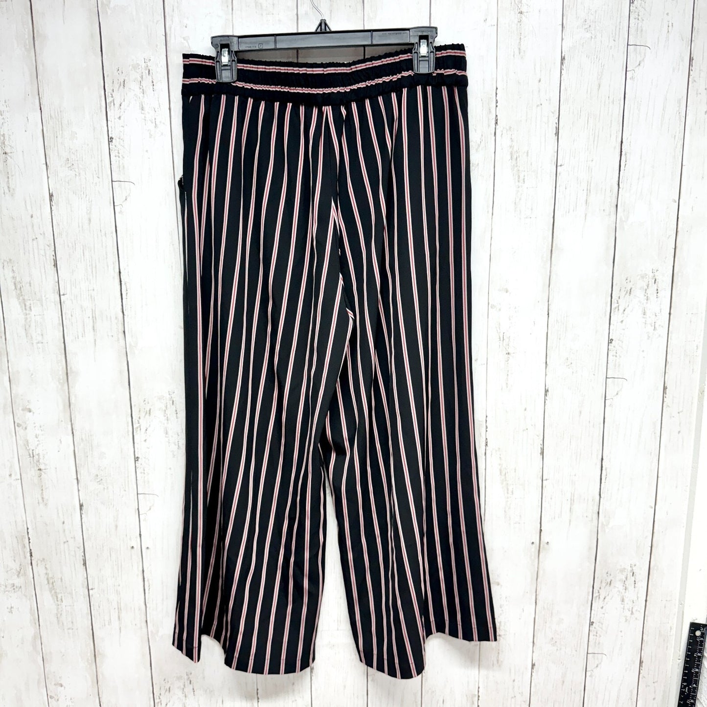 Max Studio Pants Women Size Large Black Stripe Pull On Wide Leg Pockets Elastic